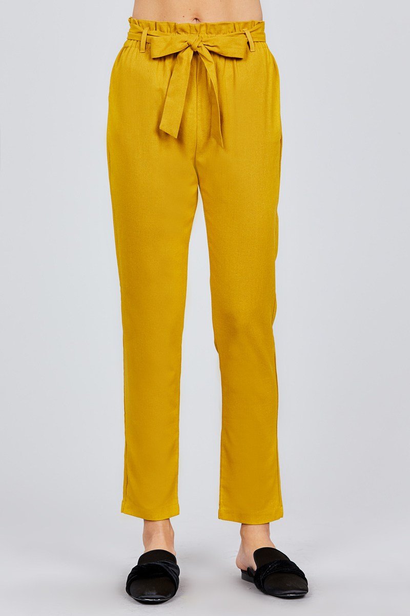 Wendy Wendolyn Linen/Rayon/Polyester Blend Front Wrap Waist Bow Tie Design Long Linen Paper Bag Pants (Mustard Seed)