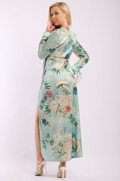 Sheena Serafina 95% Polyester 5% Spandex Bold As Beautiful Floral Print Kimono Style Decorative Trim Long Sleeves Satin Dress (Spring Green)