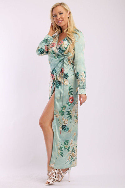 Sheena Serafina 95% Polyester 5% Spandex Bold As Beautiful Floral Print Kimono Style Decorative Trim Long Sleeves Satin Dress (Spring Green)