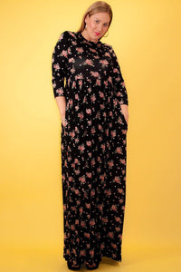 Plus Size Lovely Ladies Polyester Blend Made In U.S.A. Floral Print Pleated Relaxed Fit Flare Style Concealed Pocket Detail Long Sleeve Maxi Dress (Black)