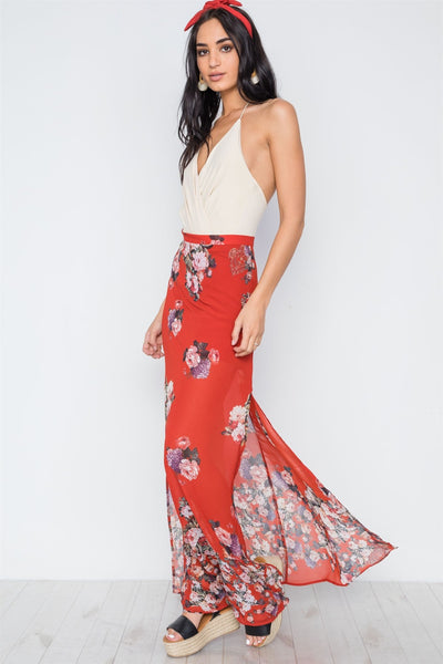 Our Best 100% Polyester Exotic Multi-Floral Print Side Slits High-Waist Maxi Skirt (Red Multi)