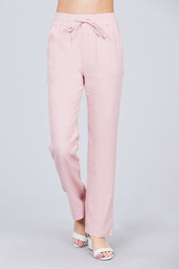 Wendy Wendolyn Linen/Rayon/Polyester Blend Front Wrap Waist Bow Tie Design Long Linen Paper Bag Pants (Pink)