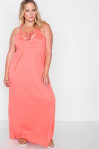 Plus Size Lovely Ladies 100% Viscose Sweetheart Neckline Braided Cami Straps Solid Color Asymmetrical Flounce Layer Maxi Dress (Coral)
