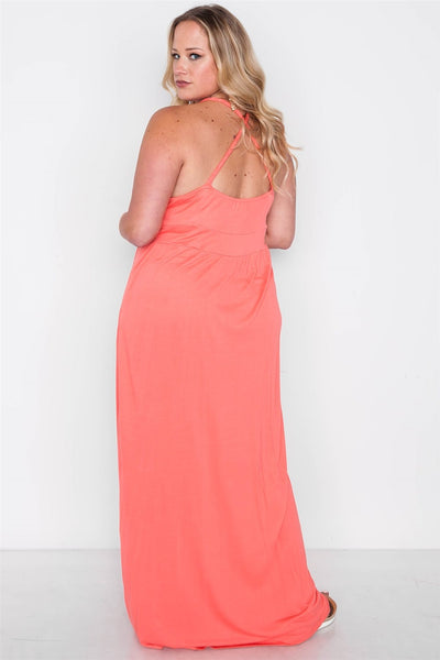 Plus Size Lovely Ladies 100% Viscose Sweetheart Neckline Braided Cami Straps Solid Color Asymmetrical Flounce Layer Maxi Dress (Coral)