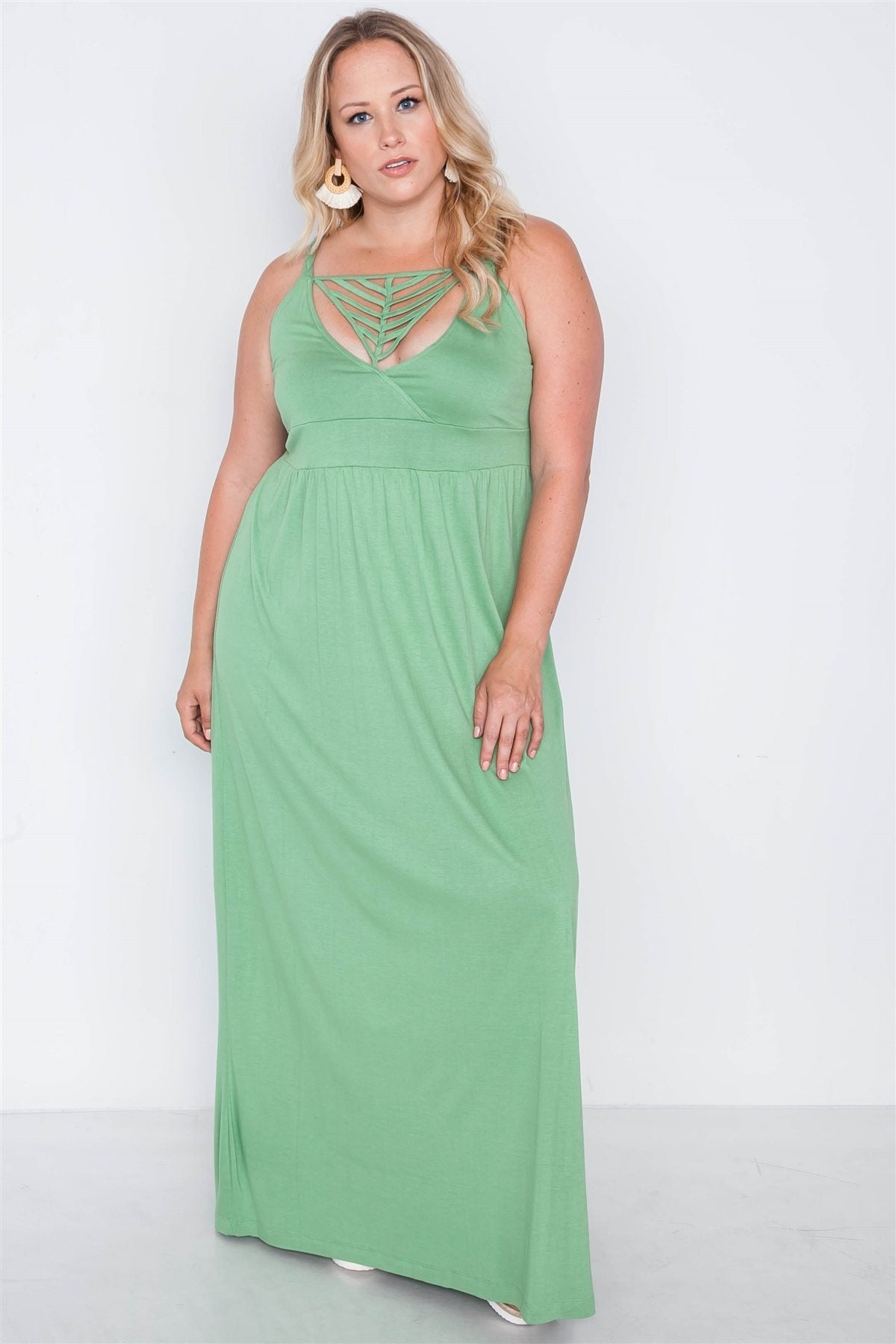 Plus Size Lovely Ladies 100% Viscose Sweetheart Neckline Cami Straps Floral Asymmetrical Flounce Layer Maxi Dress (Sage)
