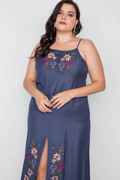 Plus Size Lovely Ladies Cotton Blend Cami Straps Floral Embroidery Front Slit Detail Boho Maxi Dress (Navy)
