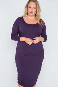 Plus Size Lovely Ladies Polyester Blend Basic Bodycon Stretchy Unlined Semi-Sheer Midi Dress (Purple)