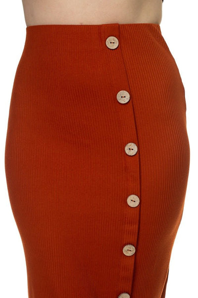 Paloma Pomona Polyester Blend Button Front Imported Bodycon Ribbed Skirt (Dark Rust)