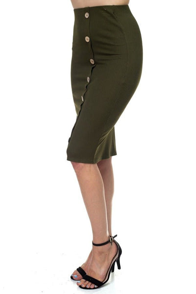 Paloma Pomona Polyester Blend Button Down Front Imported Bodycon Ribbed Skirt (Dark Olive)