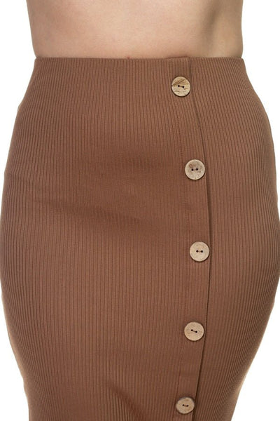 Paloma Pomona Polyester Blend Button Down Front Imported Bodycon Ribbed Skirt (Light Brown)