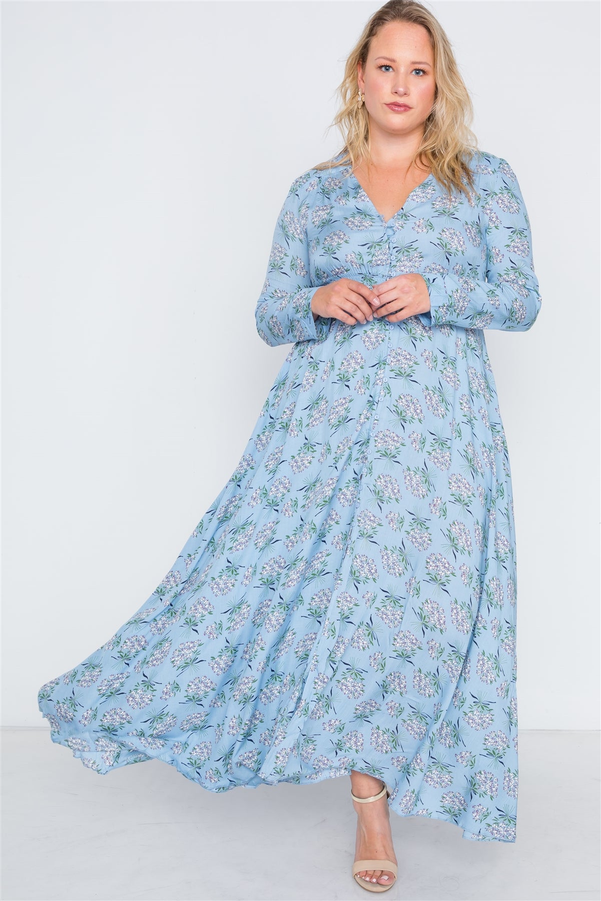 Plus Size Lovely Ladies 100% Viscose Long Sleeve Floral-Multi Print Button Down V-neck Maxi Dress (Light Blue)