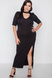 Plus Size Lovely Ladies Made In U.S.A. Rayon Blend Mock-Neck Button Closure Maxi Dress (Black)