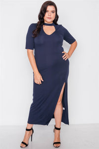 Plus Size Lovely Ladies Made In U.S.A. Rayon Blend Mock-Neck Button Closure Evening Dress (Navy)