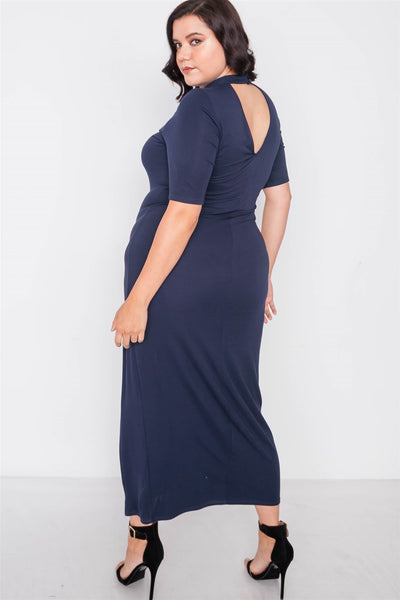 Plus Size Lovely Ladies Made In U.S.A. Rayon Blend Mock-Neck Button Closure Evening Dress (Navy)