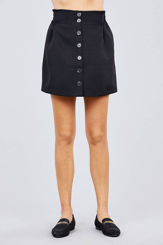 Our Best Polyester Blend Wide Belt Pleated Elastic Waist Smocking Detail Button Down Mini Skirt (Black)