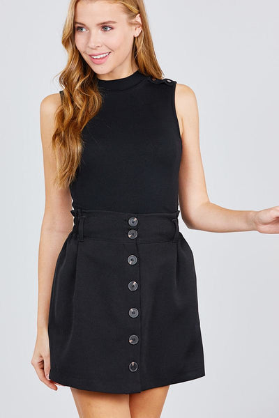 Our Best Polyester Blend Wide Belt Pleated Elastic Waist Smocking Detail Button Down Mini Skirt (Black)
