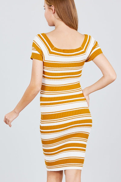 Petula Tulula Rayon Blend Short Sleeve V-neck w/Cross Wrap Midi Multi Stripe Sweater Dress (Dark Mustard)