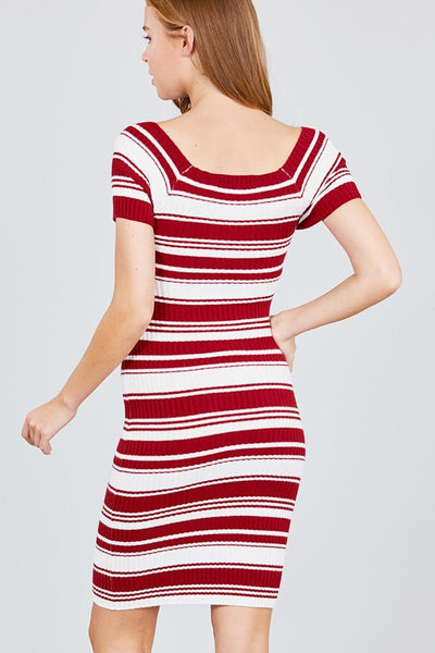 Petula Tulula Rayon Blend Short Sleeve V-neck w/Cross Wrap Midi Multi Stripe Sweater Dress (Dark Red)
