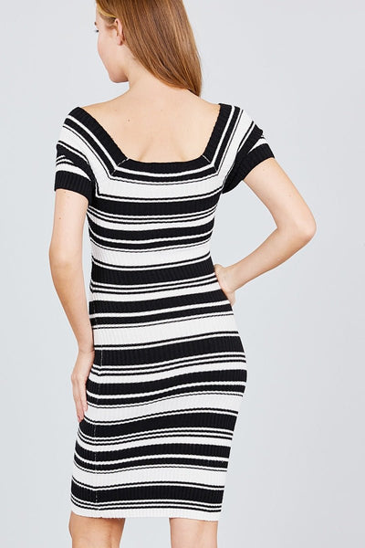 Petula Tulula Rayon Blend Short Sleeve V-neck w/Cross Wrap Midi Multi Stripe Sweater Dress (Black)