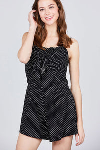 Our Best Front Tie Detail 100% Rayon Fine Polka Dot Print Cami Romper (Black/White)