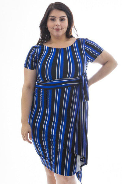 Plus Size Lovely Ladies Jersey Polyester/Spandex Blend Tiered Short Sleeves Sash Belt Midi Dress (Royal Blue)