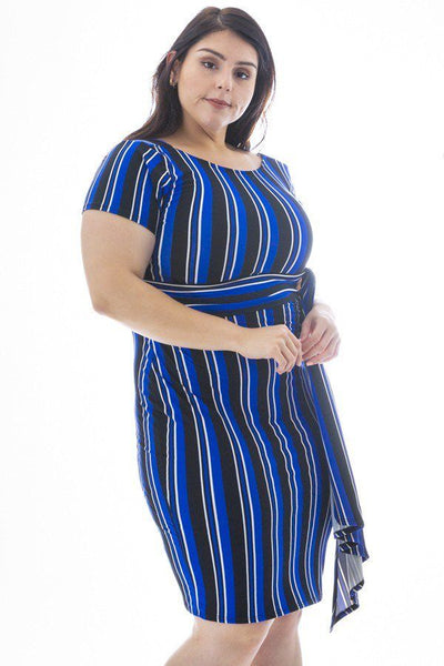 Plus Size Lovely Ladies Jersey Polyester/Spandex Blend Tiered Short Sleeves Sash Belt Midi Dress (Royal Blue)