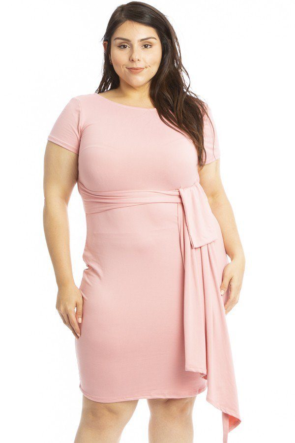 Plus Size Lovely Ladies Polyester/Spandex Blend Midi Length Jersey Style Short Sleeve Midi Dress (Dusty Pink)
