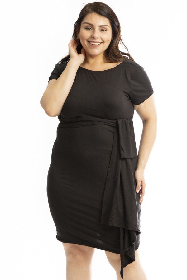 Plus Size Ladies Polyester Blend Made In U.S.A. Solid Midi Length Silhouette Short Sleeve Jersey Knit Dress (Black)
