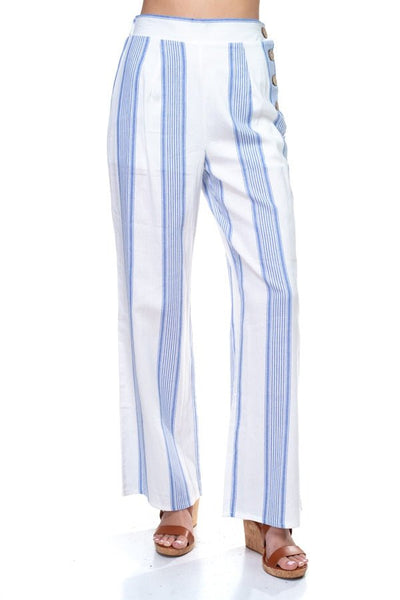 Our Best Polyester Blend Multi Stripe Smocked Side Button Down Detail Pants (White/Blue)