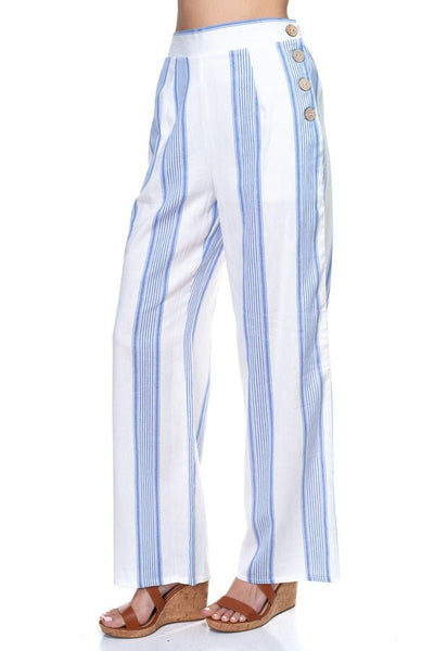 Our Best Polyester Blend Multi Stripe Smocked Side Button Down Detail Pants (White/Blue)
