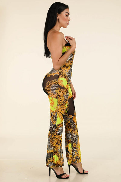 Samantha On Safari Floral Polyester/Metallic Blend All-Over Animal Print Bungle In The Jungle Tube Jumpsuit (Neon Yellow)