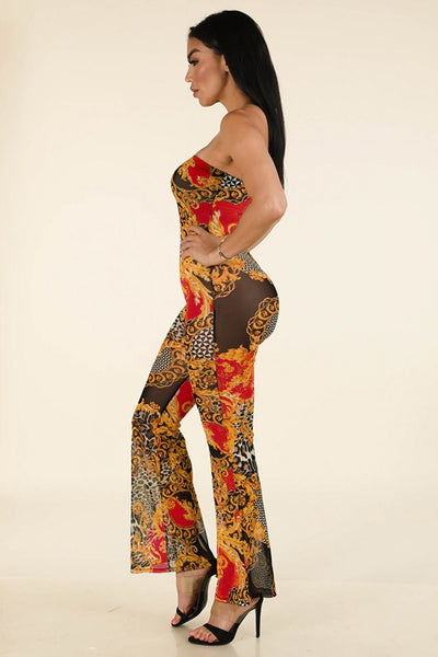 Samantha On Safari Floral Polyester/Metallic Blend All-Over Animal Print Bungle In The Jungle Mesh Tube Jumpsuit (Pink)