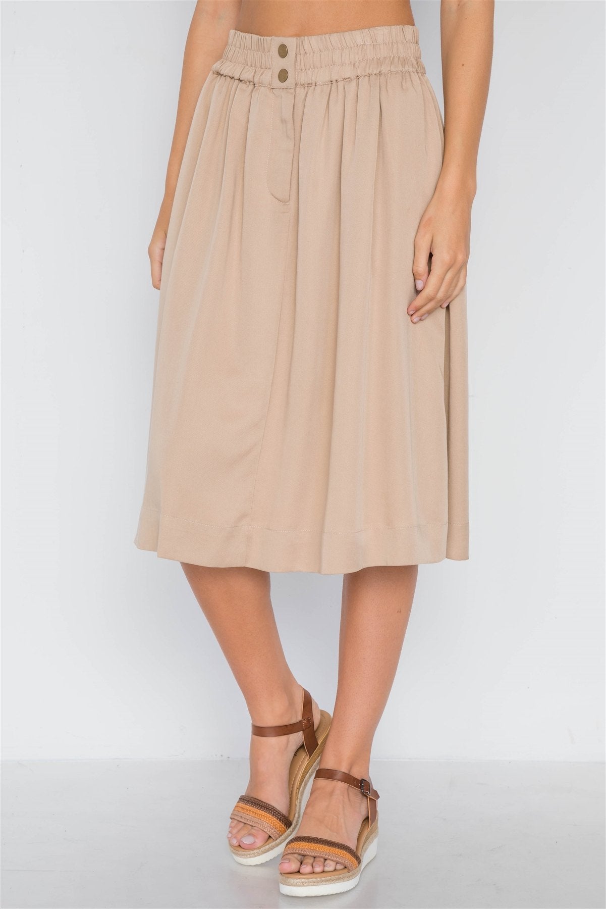 Our Best 100% Tencel High-Waist Snap Button Side Pockets Detail Elastic Waist Midi Skirt (Khaki)