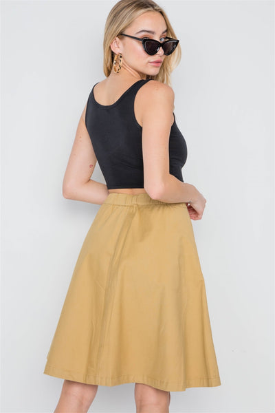 Tula Talulah Polyester Blend Elastic Waist Side Pockets Detail A-Line Midi Skirt (Khaki)