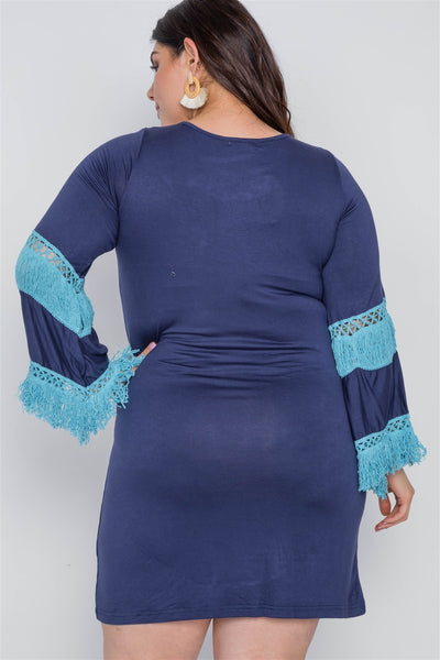 Plus Size Lovely Ladies 95% Rayon 5% Spandex Long Sleeves Crochet Detail Round Neck Bohemian Vibes Mini Dress (Navy)