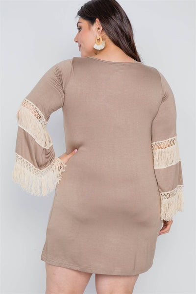 Plus Size Lovely Ladies 95% Rayon 5% Spandex Crochet Detail Round Neckline Bohemian Vibes Mini Boho Dress (Mocha/Ivory)