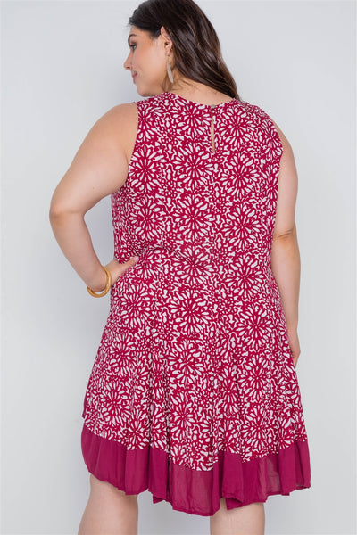 Plus Size Lovely Ladies 100% Rayon Button Closure Floral Print Detail Sleeveless Round Hem Boho Dress (Red/White)