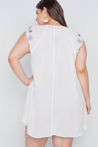 Plus Size Lovely Ladies 100% Rayon Floral Print Embroidery Cap Sleeve Tassel Detail Mini Dress (Off White)