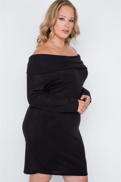 Plus Size Lovely Ladies Made In U.S.A 67% Polyester 29% Rayon Off-the Shoulder Long Sleeve Mini Dress (Black)