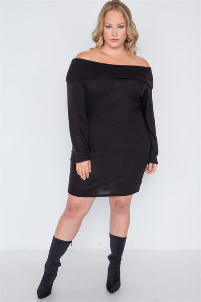 Plus Size Lovely Ladies Made In U.S.A 67% Polyester 29% Rayon Off-the Shoulder Long Sleeve Mini Dress (Black)