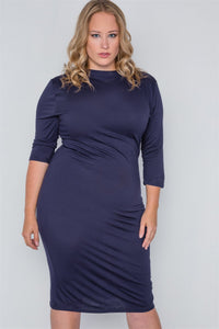 Plus Size Lovely Ladies Made In U.S.A. Polyester Blend 3/4 Sleeve Dress Silhouette Cat-Out Back Midi Dress (Navy)