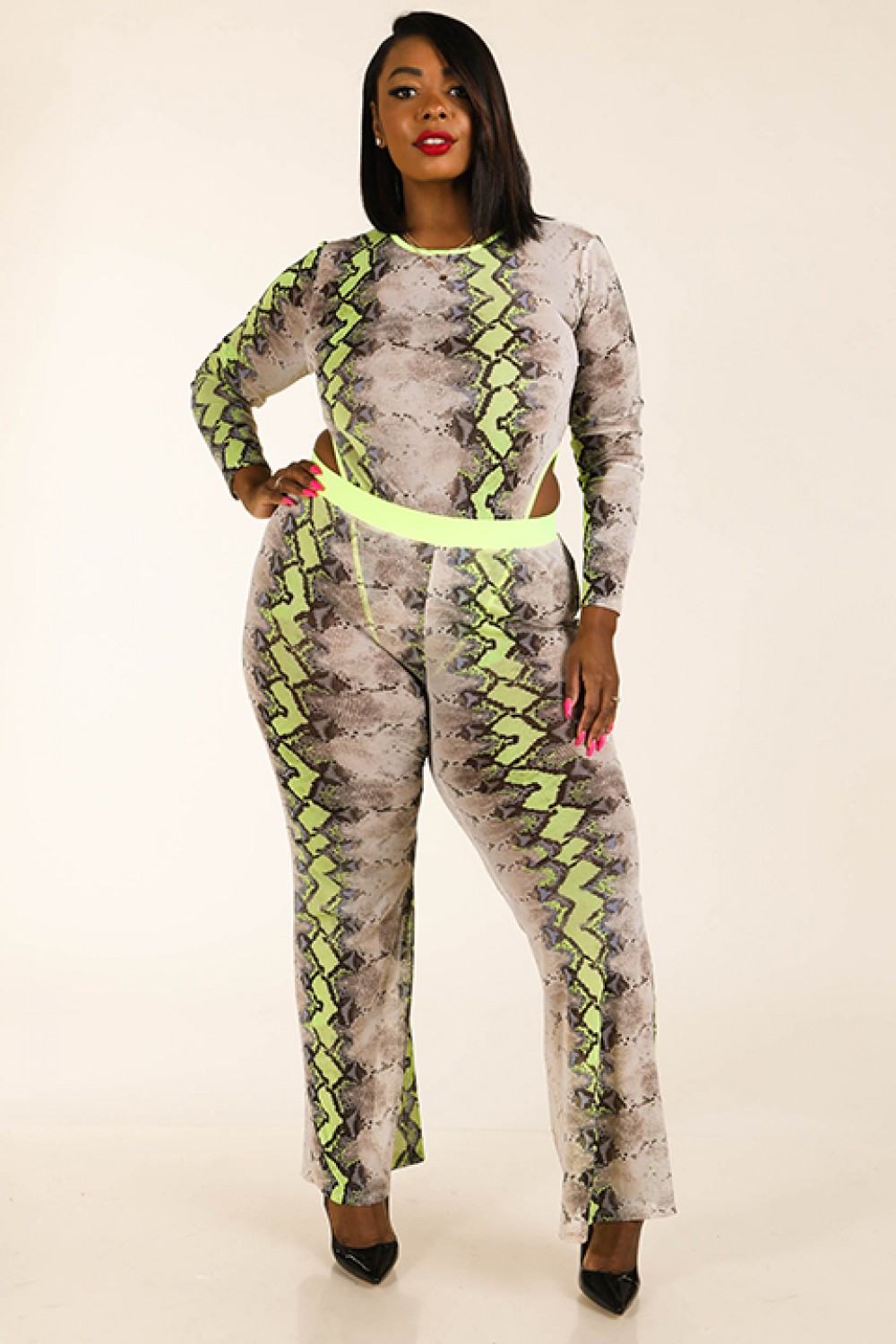 Plus Size Lovely Ladies Polyester Blend Bungle In The Jungle Snake Print Mesh Bodysuit & Leggings Set (Neon Yellow)