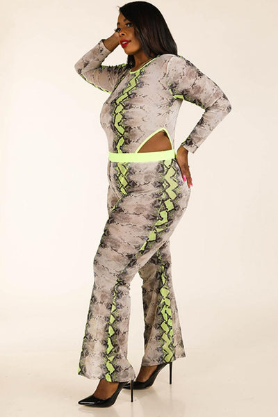 Plus Size Lovely Ladies Polyester Blend Bungle In The Jungle Snake Print Mesh Bodysuit & Leggings Set (Neon Yellow)