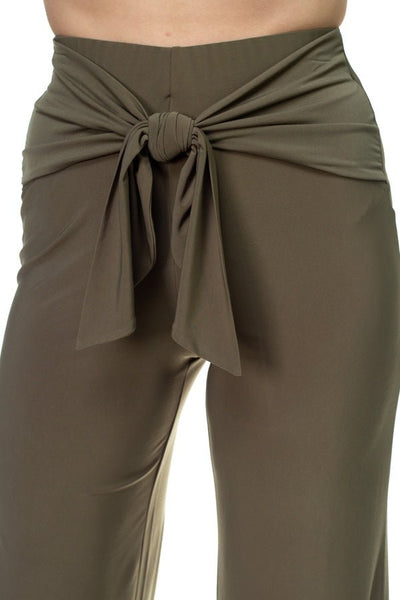 Our Best Polyester Blend Front Wrap Waist Tie Design Flare Leg Knit Pants (Olive)