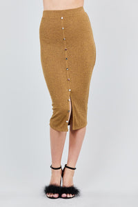 Paloma Pomona Rayon Blend Front Button Down Detail Two Tone Imported Knit Midi Skirt (Mustard)