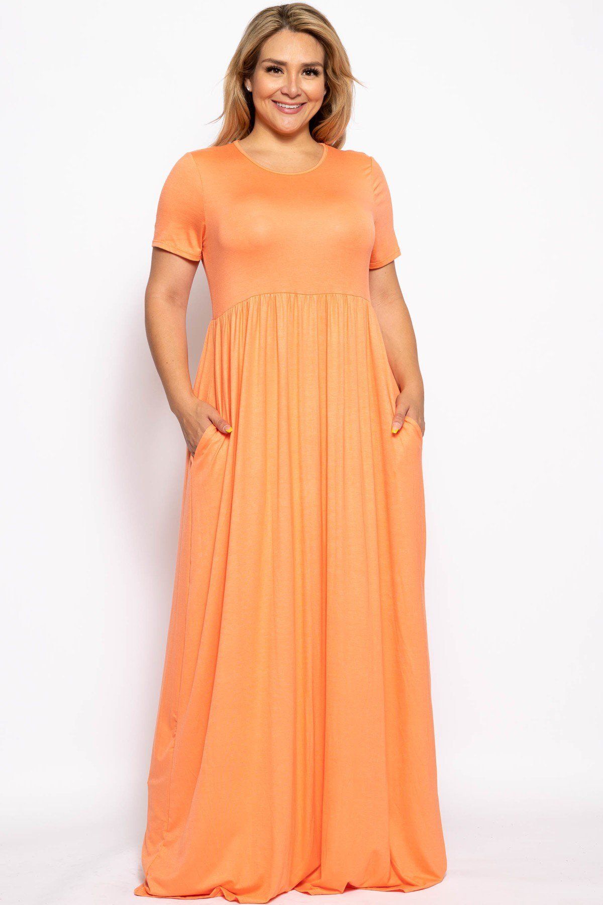 Plus Size Lovely Ladies Polyester Blend Made In U.S.A. Vibrant Short Sleeved Round Neck Maxi Dress (Coral)