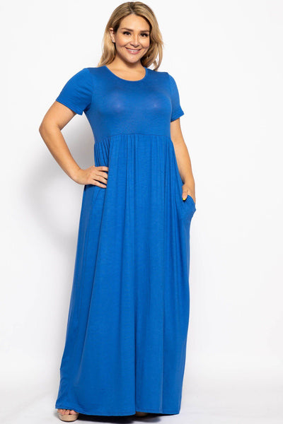 Plus Size Lovely Ladies Polyester Blend Made In U.S.A. Vibrant Short Sleeved Round Neck Maxi Dress (Royal)