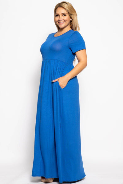 Plus Size Lovely Ladies Polyester Blend Made In U.S.A. Vibrant Short Sleeved Round Neck Maxi Dress (Royal)