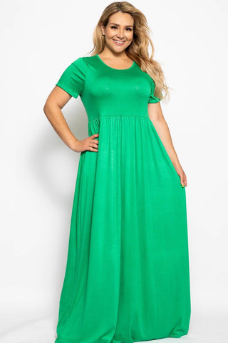 Plus Size Lovely Ladies Polyester Blend Made In U.S.A. Vibrant Short Sleeved Round Neck Maxi Dress (Green)