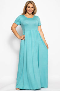 Plus Size Lovely Ladies Polyester Blend Made In U.S.A. Vibrant Short Sleeved Round Neck Maxi Dress (Aqua)
